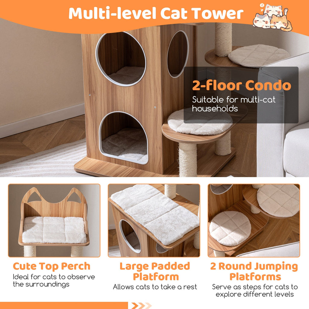 48 Inch Wooden Cat Tree with 2-Floor Condo and Washable Cushions-Natural - Majestic Pet Kingdom