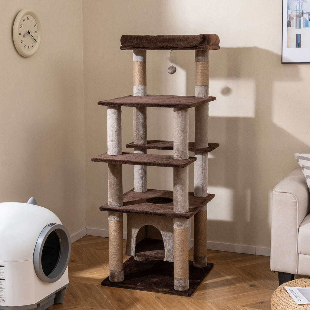 58 Inch Large Multi-level Cat Tree with Swaying Aerial Condo and Plush Perch Bed - Majestic Pet Kingdom