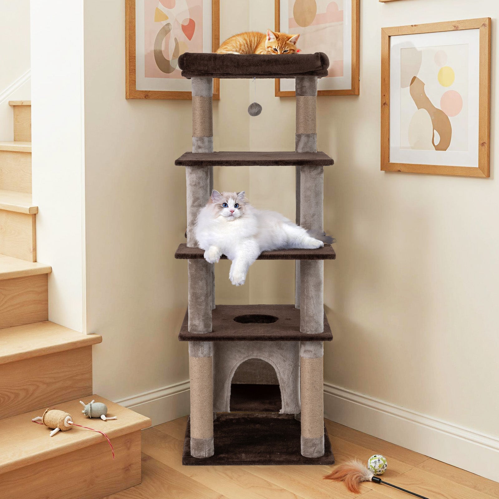 58 Inch Large Multi-level Cat Tree with Swaying Aerial Condo and Plush Perch Bed - Majestic Pet Kingdom