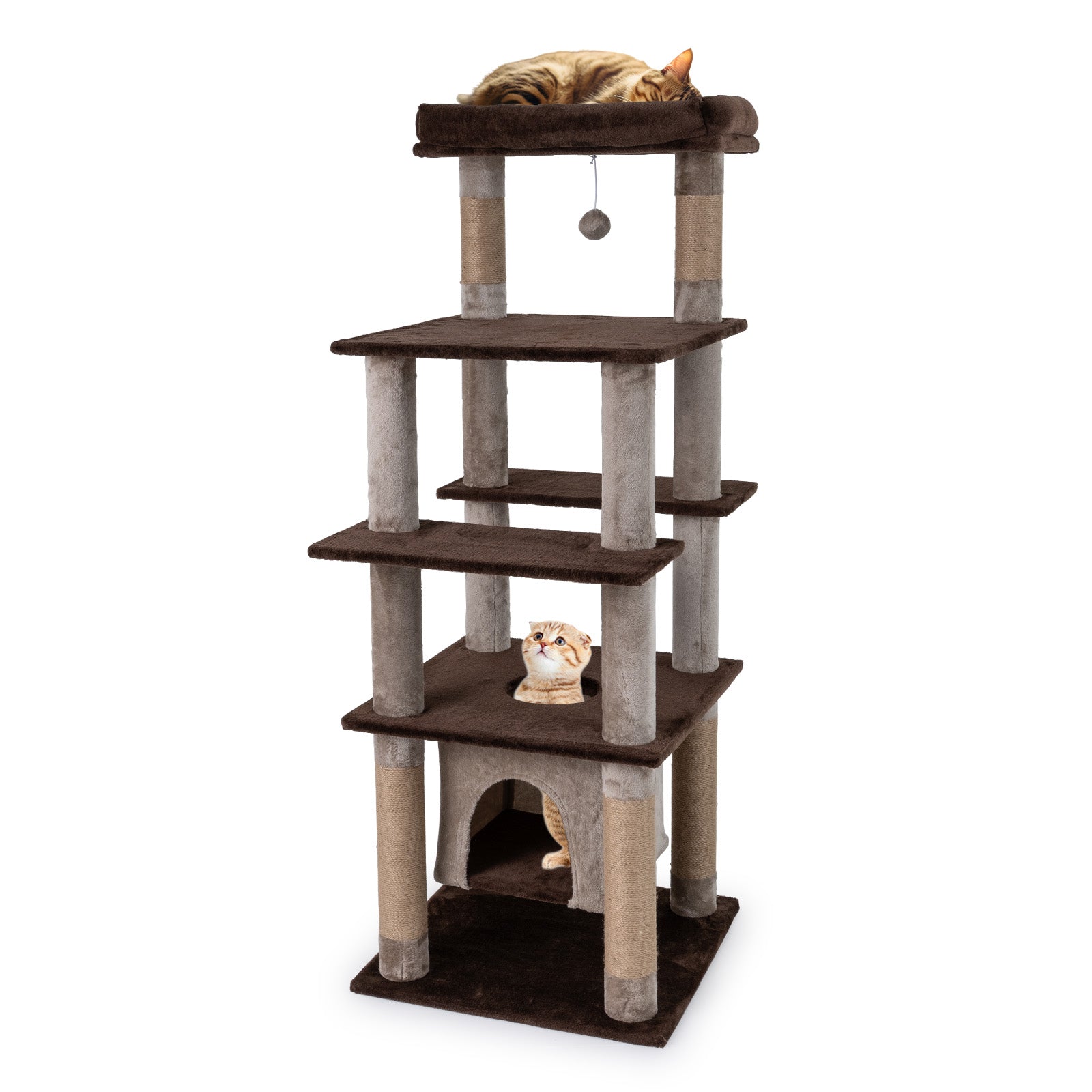 58 Inch Large Multi-level Cat Tree with Swaying Aerial Condo and Plush Perch Bed - Majestic Pet Kingdom