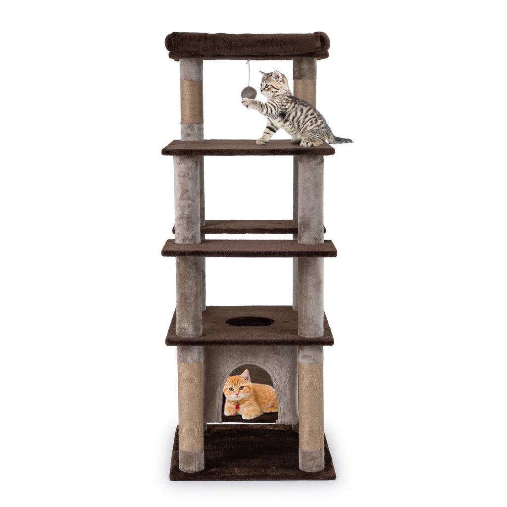 58 Inch Large Multi-level Cat Tree with Swaying Aerial Condo and Plush Perch Bed - Majestic Pet Kingdom