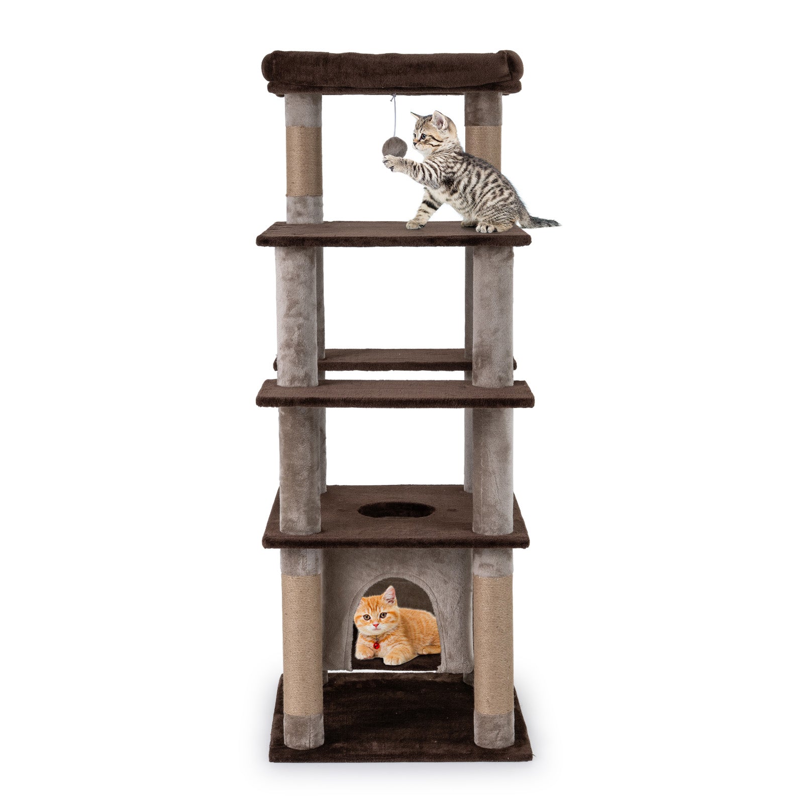 58 Inch Large Multi-level Cat Tree with Swaying Aerial Condo and Plush Perch Bed - Majestic Pet Kingdom