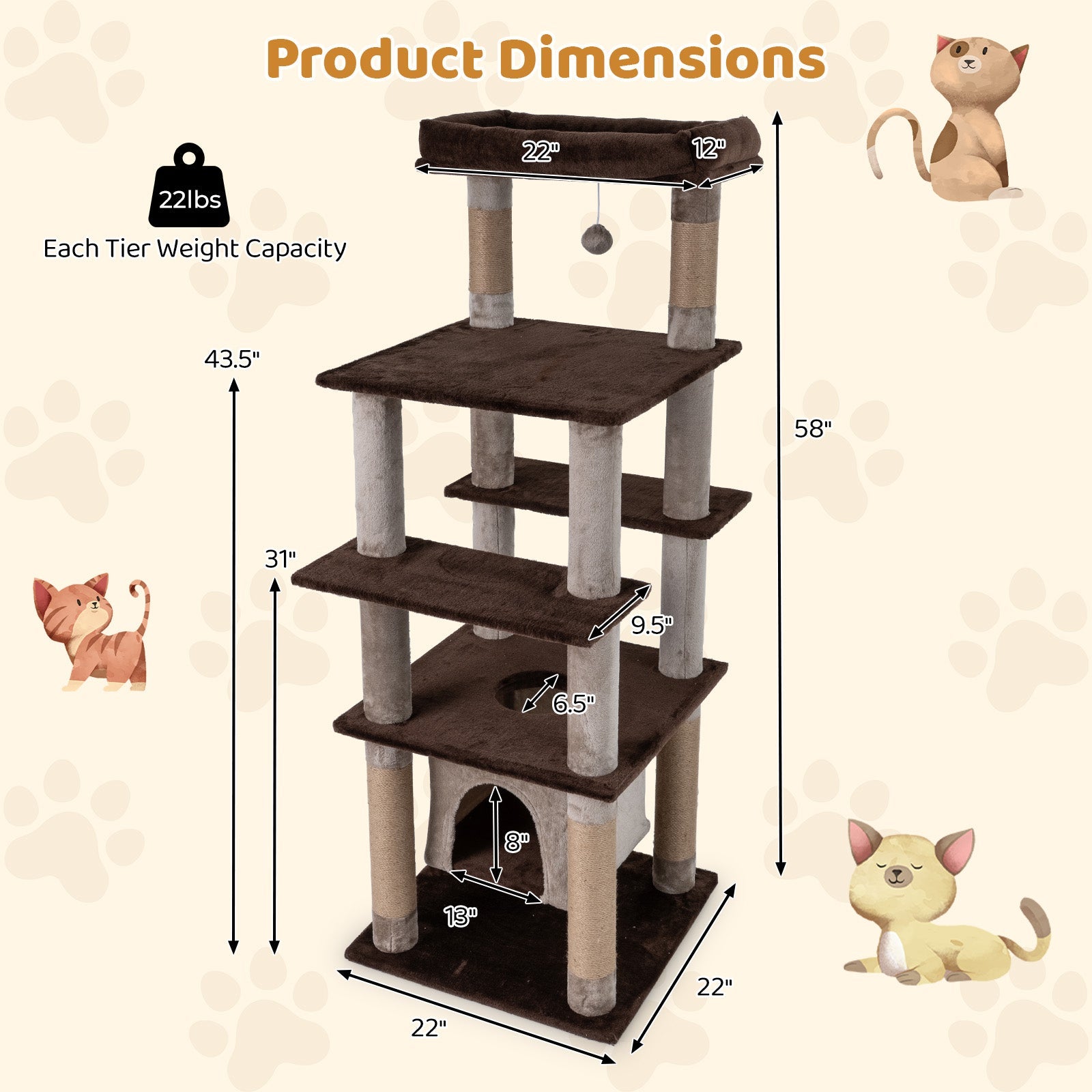 58 Inch Large Multi-level Cat Tree with Swaying Aerial Condo and Plush Perch Bed - Majestic Pet Kingdom