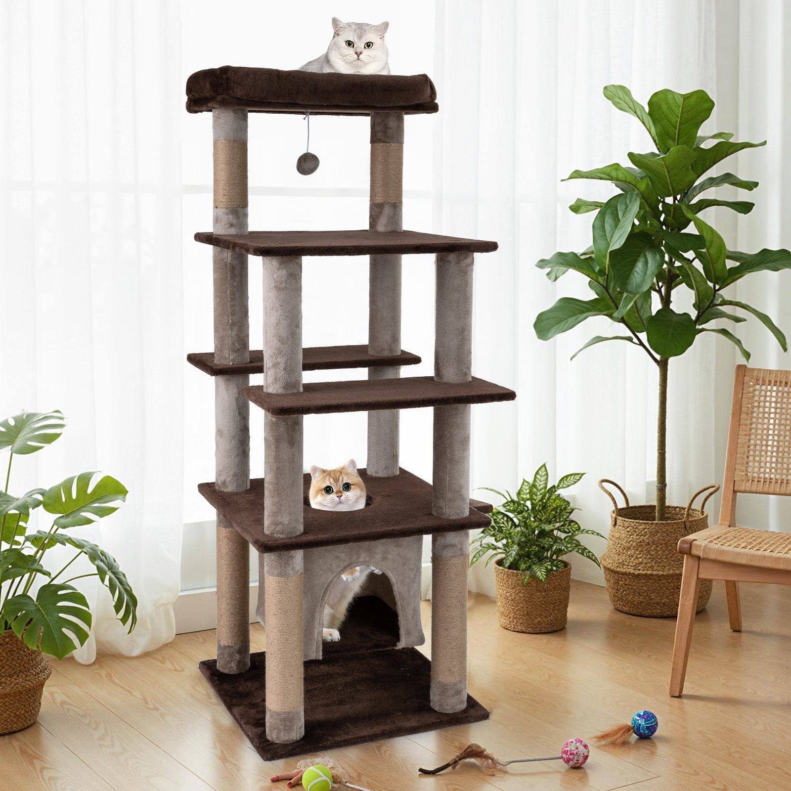 58 Inch Large Multi-level Cat Tree with Swaying Aerial Condo and Plush Perch Bed - Majestic Pet Kingdom