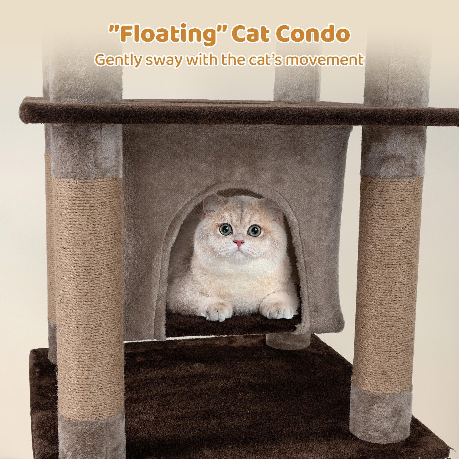 58 Inch Large Multi-level Cat Tree with Swaying Aerial Condo and Plush Perch Bed - Majestic Pet Kingdom