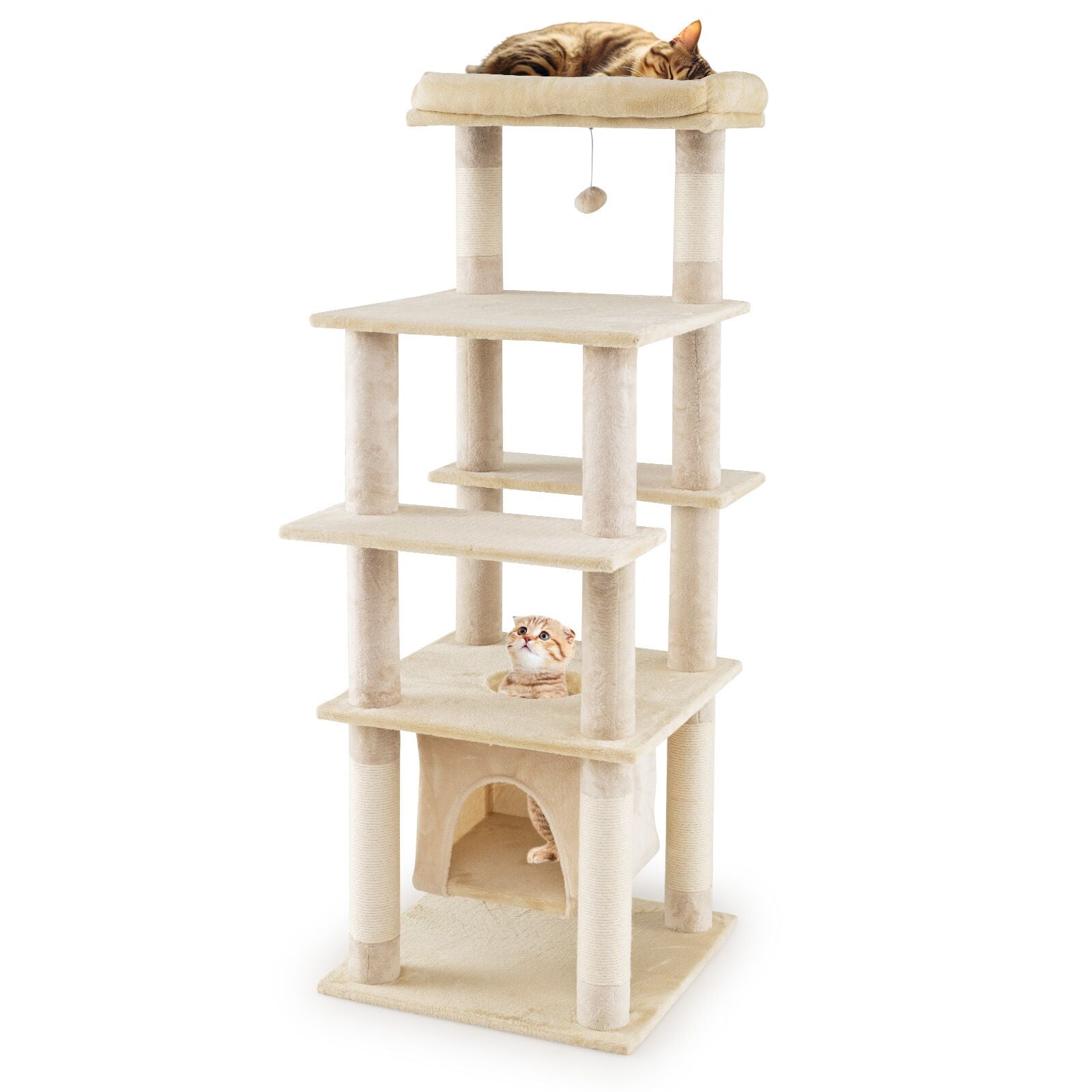 58 Inch Large Multi-level Cat Tree with Swaying Aerial Condo and Plush Perch Bed - Majestic Pet Kingdom