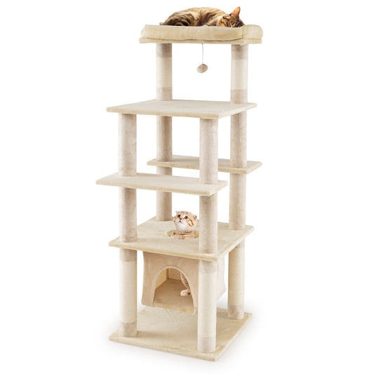 58 Inch Large Multi-level Cat Tree with Swaying Aerial Condo and Plush Perch Bed - Majestic Pet Kingdom