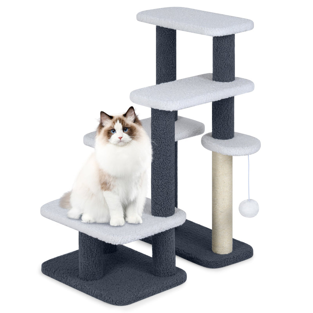 2-in-1 Cat Stairs Cat Tree Tower with Scratching Posts and Hanging Toy Ball-Gray - Majestic Pet Kingdom