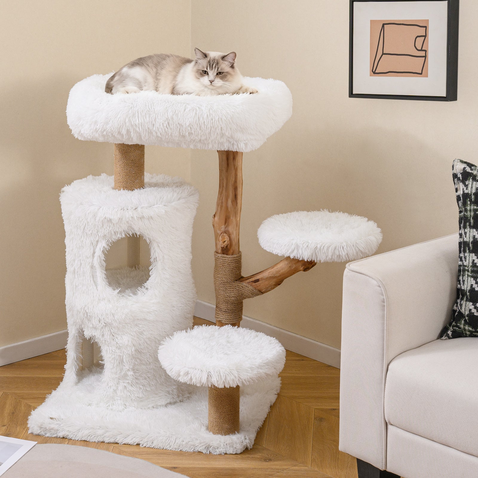 Modern Cat Tree for Indoor Cats 30.5 Cat Tower with Real Solid Wood Branches-White - Majestic Pet Kingdom