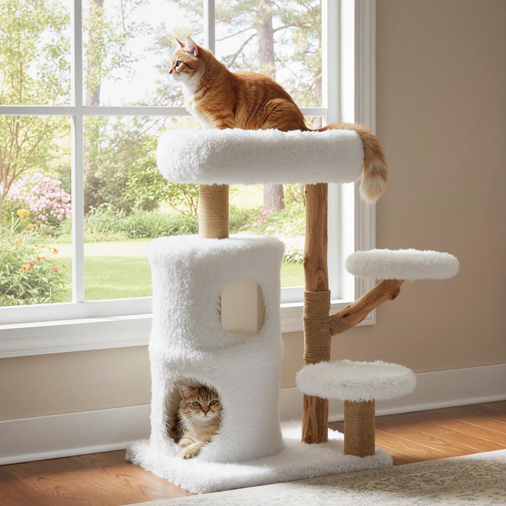 Modern Cat Tree for Indoor Cats 30.5 Cat Tower with Real Solid Wood Branches-White - Majestic Pet Kingdom