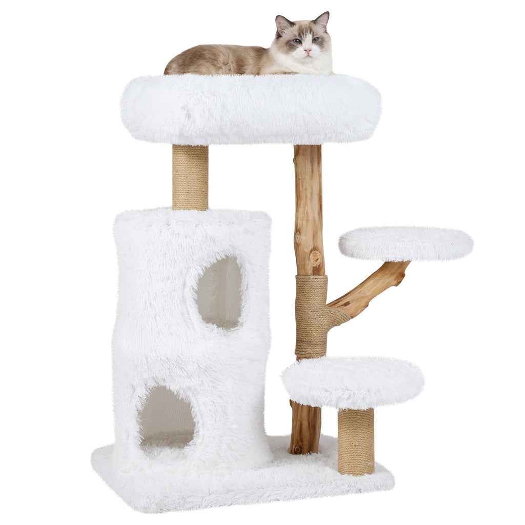 Modern Cat Tree for Indoor Cats 30.5 Cat Tower with Real Solid Wood Branches-White - Majestic Pet Kingdom