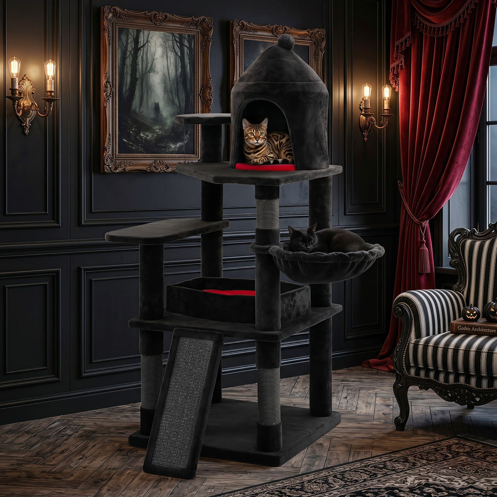 50-Inch Gothic Multi-Level Cat Tree with Castle House - Majestic Pet Kingdom
