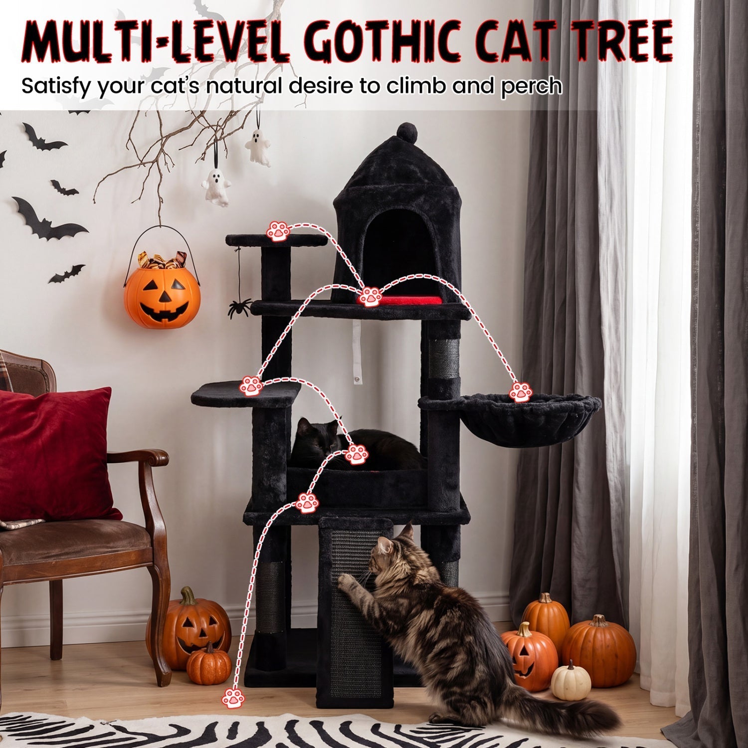 50-Inch Gothic Multi-Level Cat Tree with Castle House - Majestic Pet Kingdom