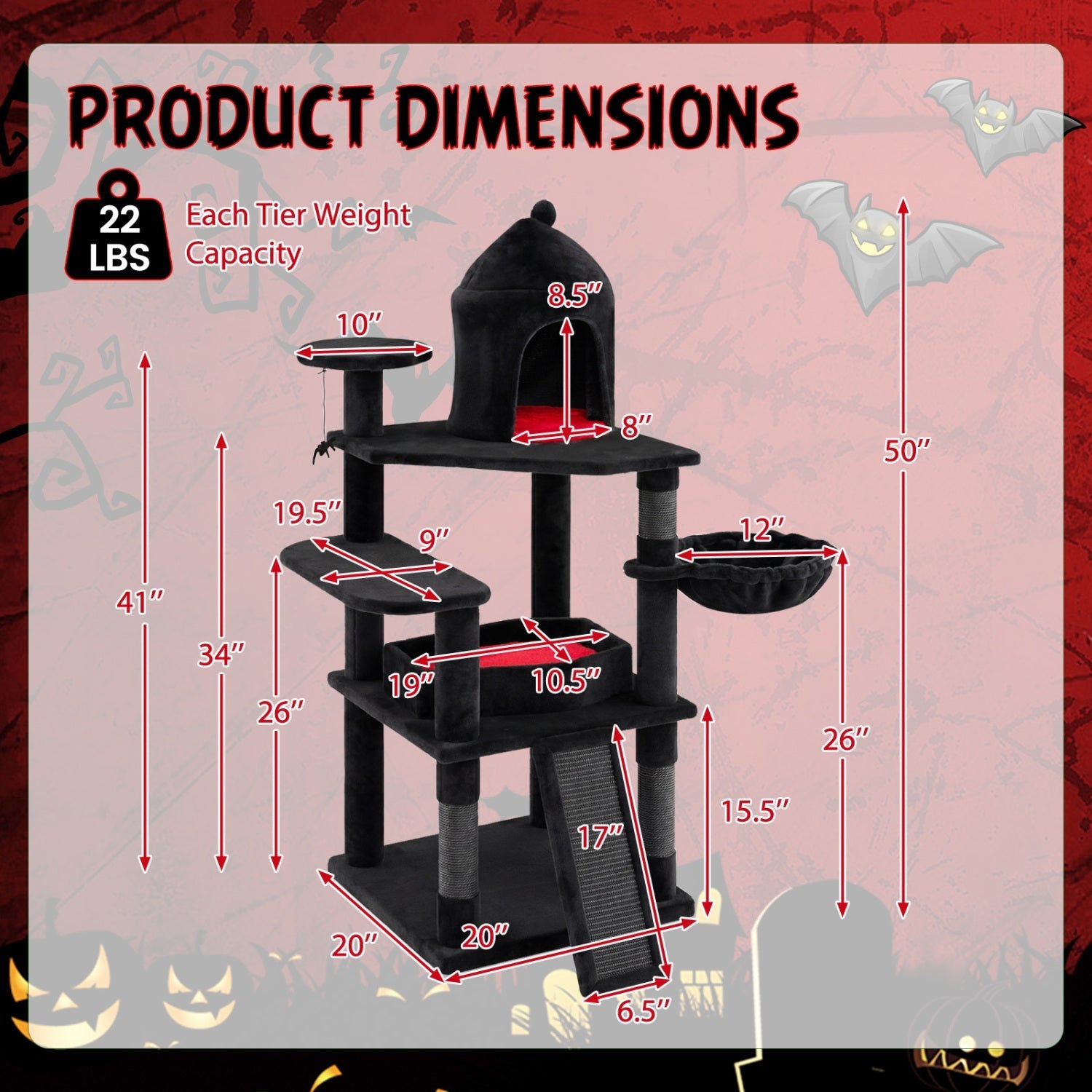 50-Inch Gothic Multi-Level Cat Tree with Castle House - Majestic Pet Kingdom
