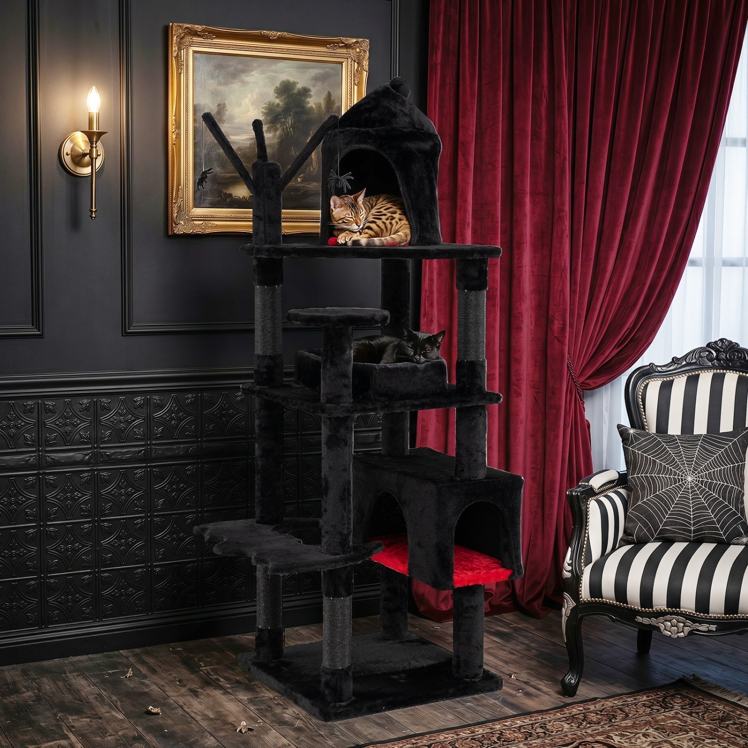 70-Inch Gothic Cat Tree with Castle and Coffin Bed - Majestic Pet Kingdom
