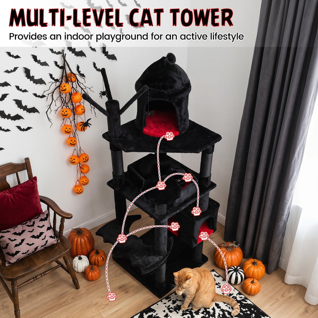 70-Inch Gothic Cat Tree with Castle and Coffin Bed - Majestic Pet Kingdom