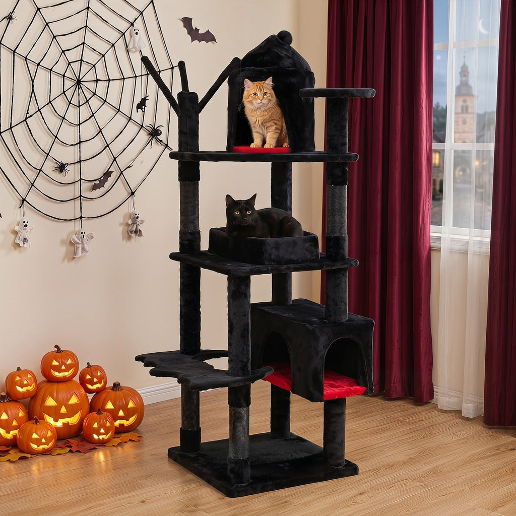 70-Inch Gothic Cat Tree with Castle and Coffin Bed - Majestic Pet Kingdom