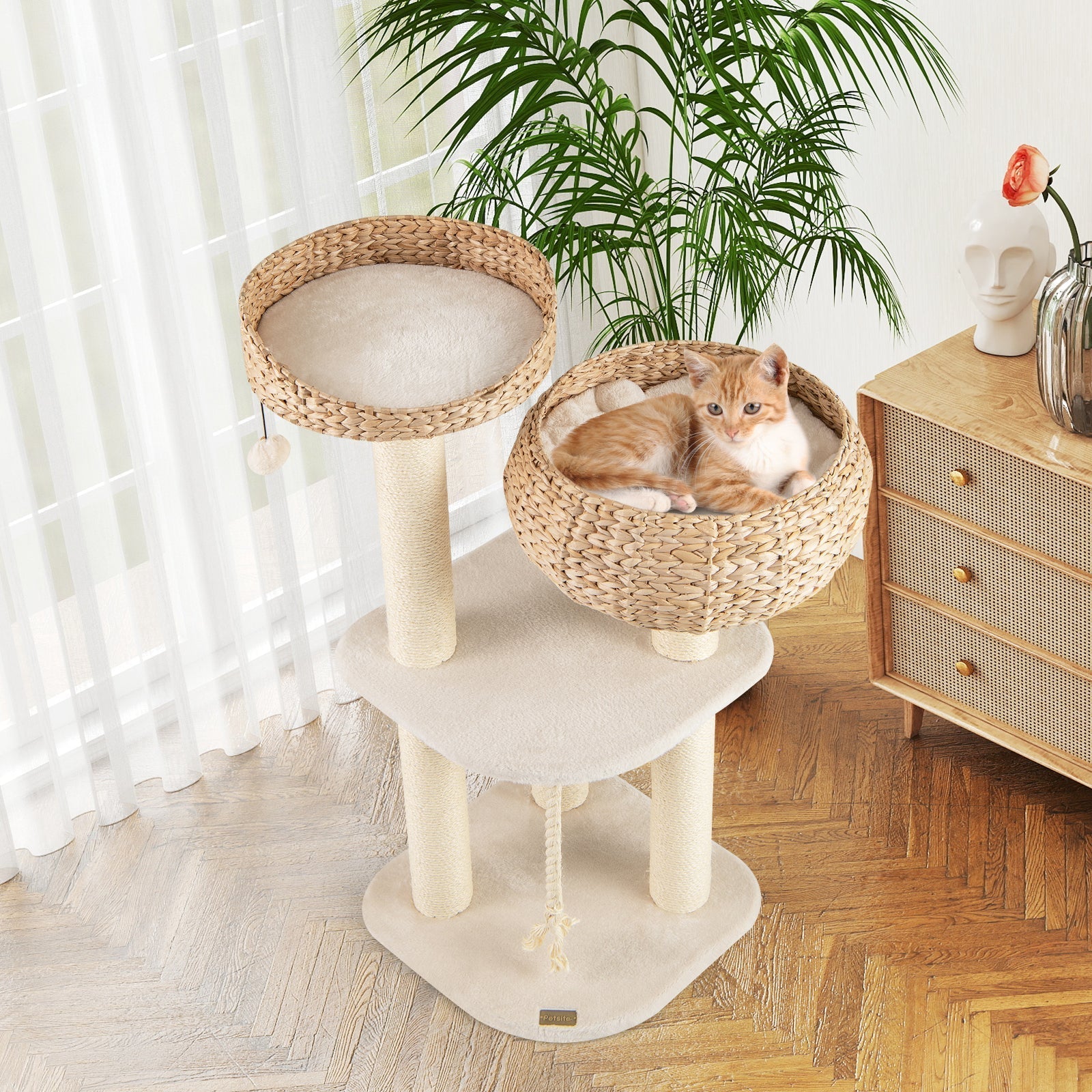 41 Inch Rattan Cat Tree with Napping Perch - Majestic Pet Kingdom