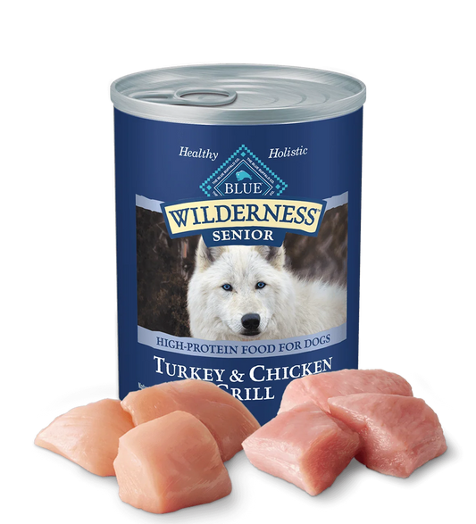 Blue Buffalo Wilderness Senior Dog Turkey and Chicken Grill Wet Dog Cans (12.5oz) - Majestic Pet Kingdom