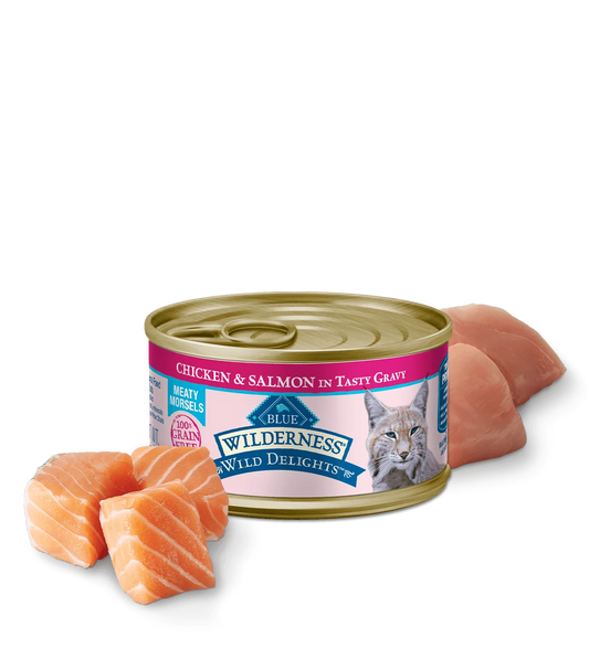 Blue Buffalo Wilderness Wild Delights Adult Chicken and Salmon Entree Wet Cat Can (3oz) - Majestic Pet Kingdom