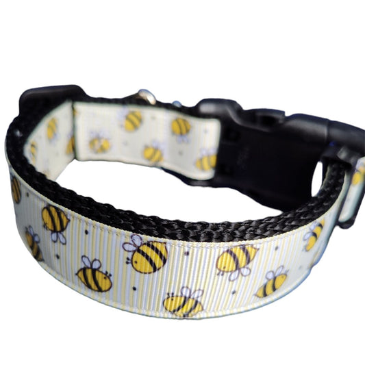 Dog Collar Yellow Bees Black Background Honeybee Patterned Nylon